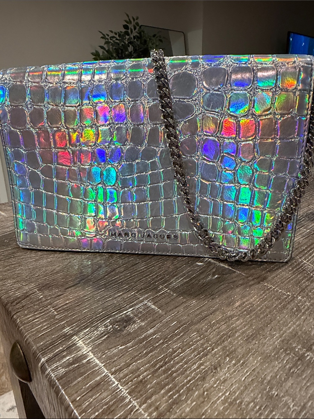Marc Jacobs Iridescent Silver Croc-Embossed Chain Crossbody Bag